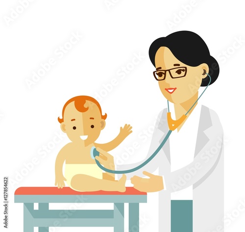 Pediatrician doctor concept. Young woman practitioner and happy child in flat style isolated on white background