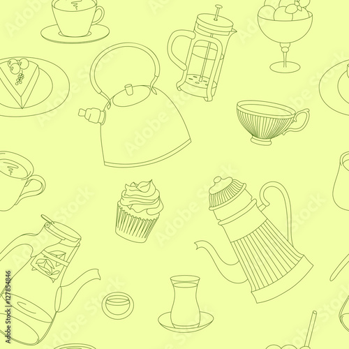 Hand drawn doodle with tea, dessert, cup and pot for tea party. Teatime backdrop can used as pattern fills, web page background, fabric, background. Vector seamless pattern, EPS10, clipping mask.