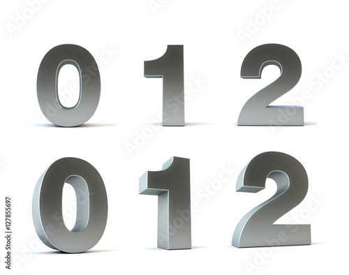 3d rendering of the numbers 0 1 2 in brushed metal on a white isolated background. - PATH SAVE