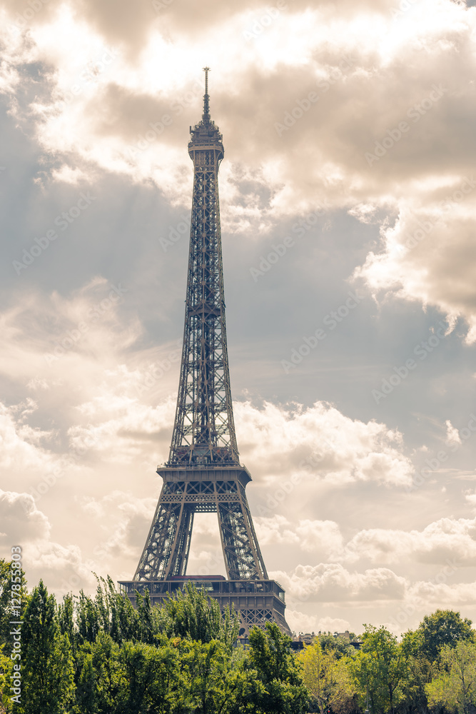 Eiffel Tower. Paris. France. Famous historical landmark on the quay of a river Seine. Romantic, tourist, architecture symbol. Toned