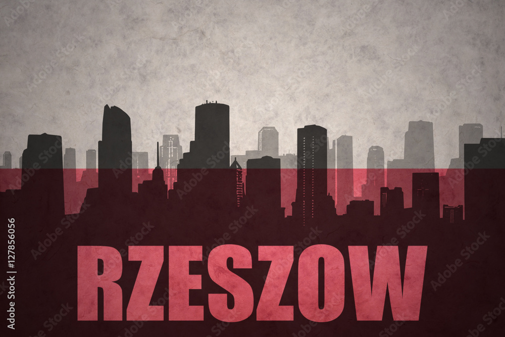 abstract silhouette of the city with text Rzeszow at the vintage polish flag