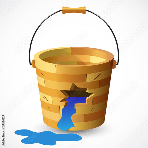 Bucket with water isolated on white background. Wooden bucket wi