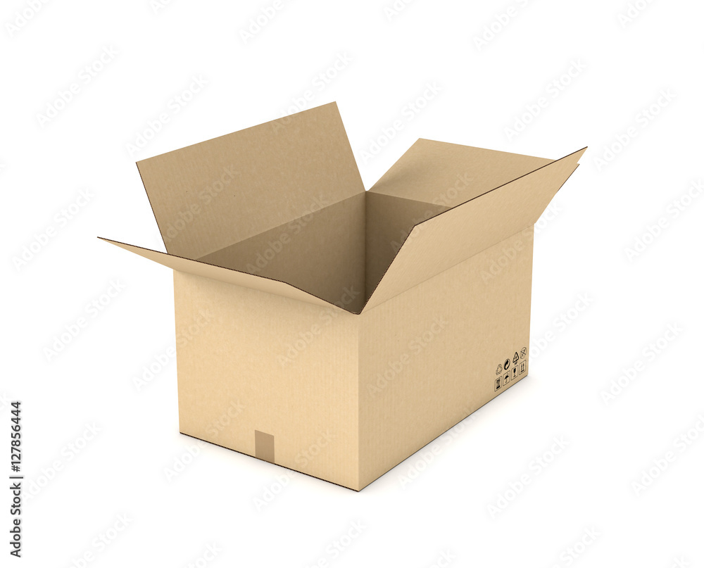 Rendering of open light beige cardboard mail box isolated on white background Rendering of open light beige cardboard mail box isolated on white background