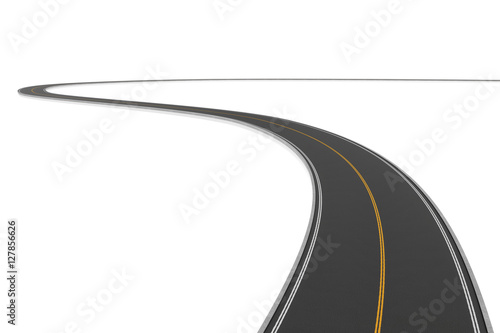 Rendering of two-way winding road bending to the left on white background. photo