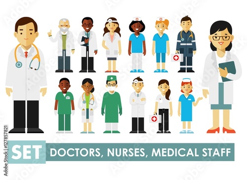 Medicine set with doctors and nurses in flat style isolated on blue background