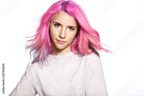 Young woman with multi-colored hair in blank gray t-shirt photo