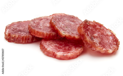 Salami smoked sausage slices isolated on white background cutout