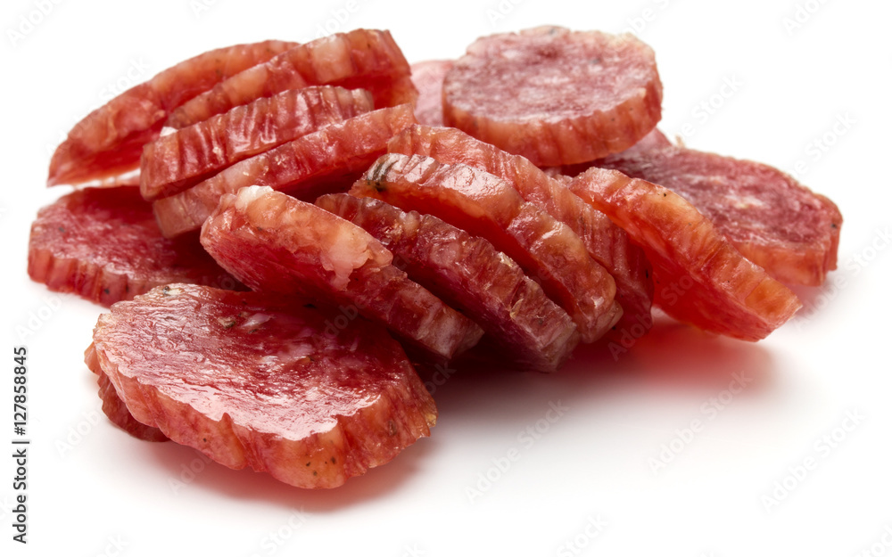 Salami smoked sausage slices isolated on white background cutout Salami smoked sausage slices isolated on white background cutout