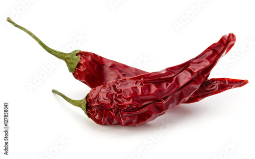 Dried red chili or chilli cayenne pepper isolated on white  back photo