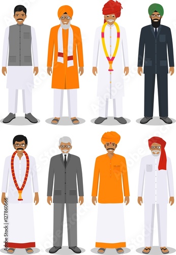 Set of different standing indian old and young men in the traditional clothing isolated on white background in flat style. Differences people in the east dress. Vector illustration.