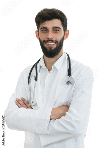 Young serious handsome bearded doctor with white coat and stethoscope. © FS-Stock