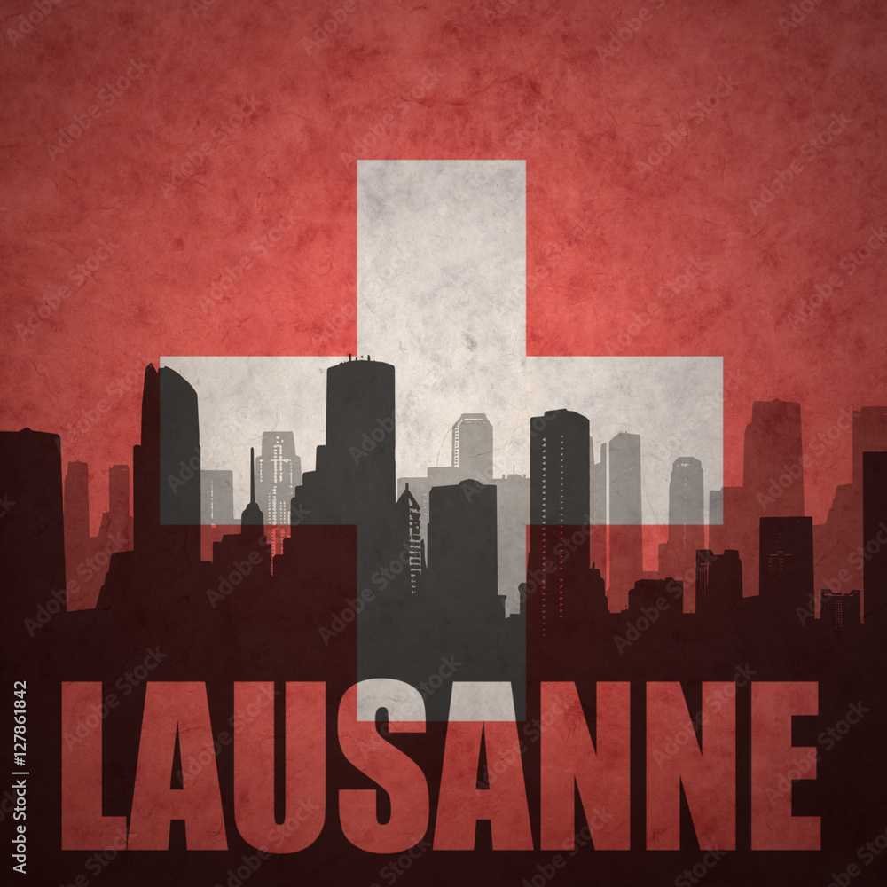 abstract silhouette of the city with text Lausanne at the vintage swiss flag