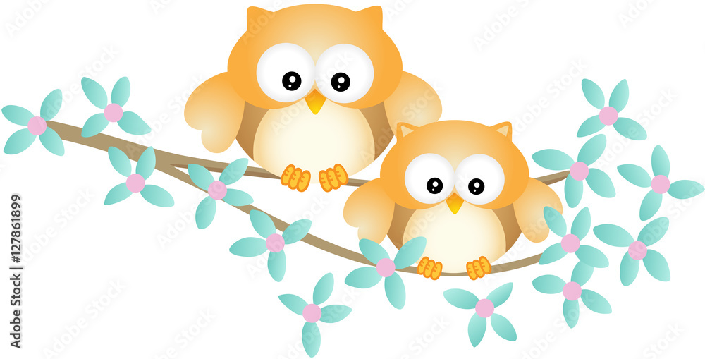Fototapeta premium Cute owl couple sitting on tree branch