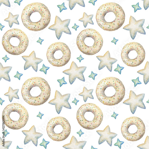Hand painted watercolor seamless pattern pattern with vanilla glazed donuts and stars isolated on white. Holiday theme repeating background