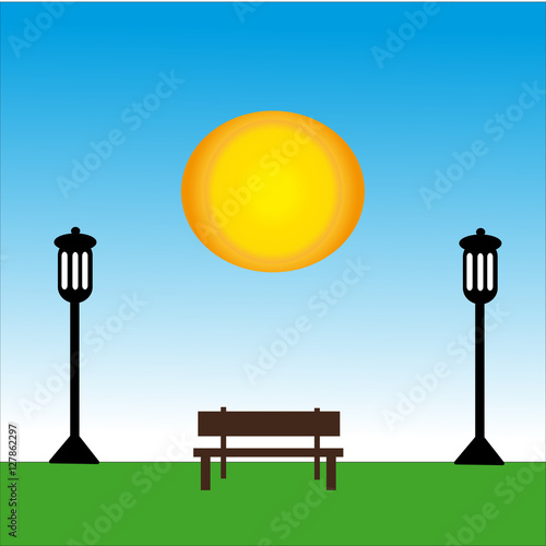 Bench with lamp at day with sun. photo