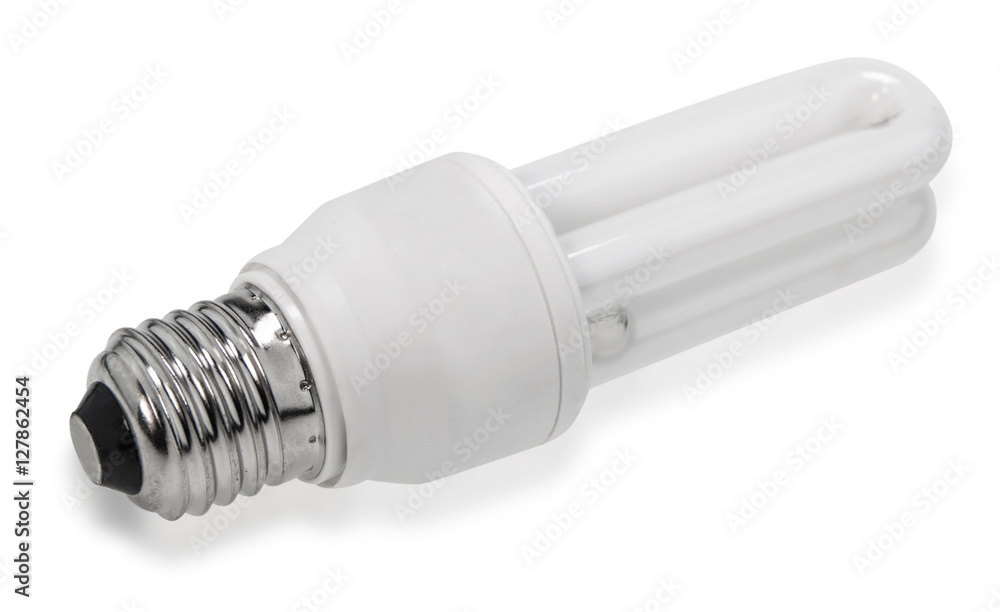 white energy saving bulb, Illuminated light bulb, CFL bulb, Realistic photo image on white background white energy saving bulb, Illuminated light bulb, CFL bulb, Realistic photo image on white background