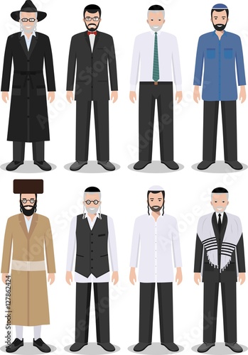 Set of different standing jewish old and young men in the traditional clothing isolated on white background in flat style. Differences Israelis in the national dress. Vector illustration.