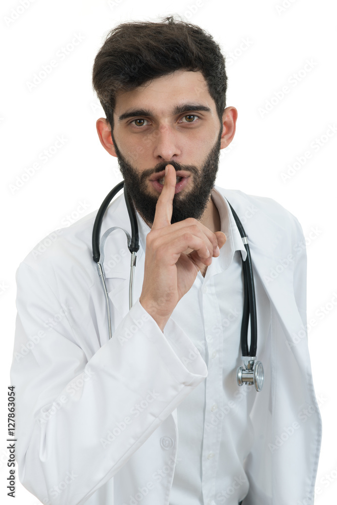 Serious male doctor instruct to keep silence Serious male doctor instruct to keep silence