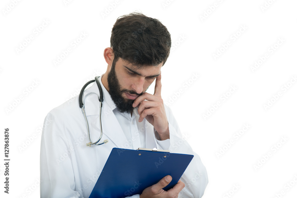 Male Doctor standing with folder, isolated on white background Male Doctor standing with folder, isolated on white background