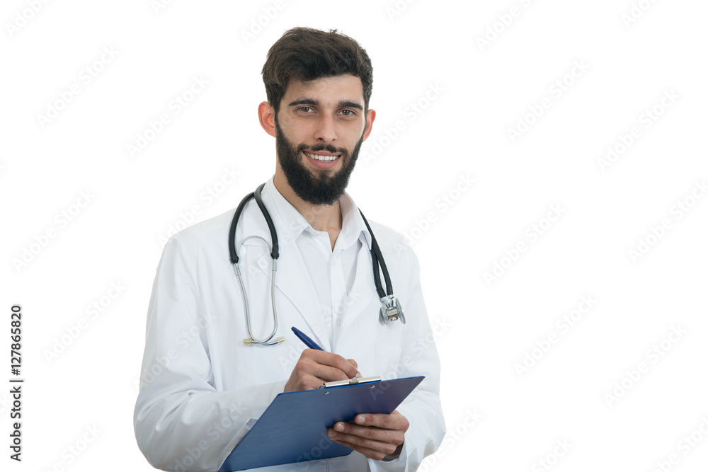 Worried young doctor with head in hand on white background Worried young doctor with head in hand on white background