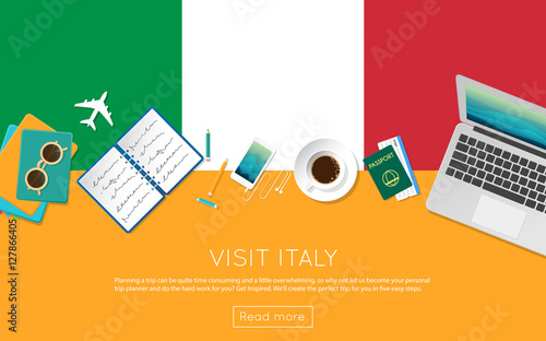 Visit Italy concept for your web banner or print materials. Top view of a laptop, sunglasses and coffee cup on Italy national flag. Flat style travel planninng website header.