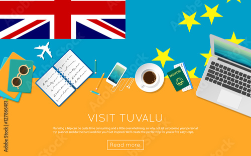 Visit Tuvalu concept for your web banner or print materials. Top view of a laptop, sunglasses and coffee cup on Tuvalu national flag. Flat style travel planninng website header.