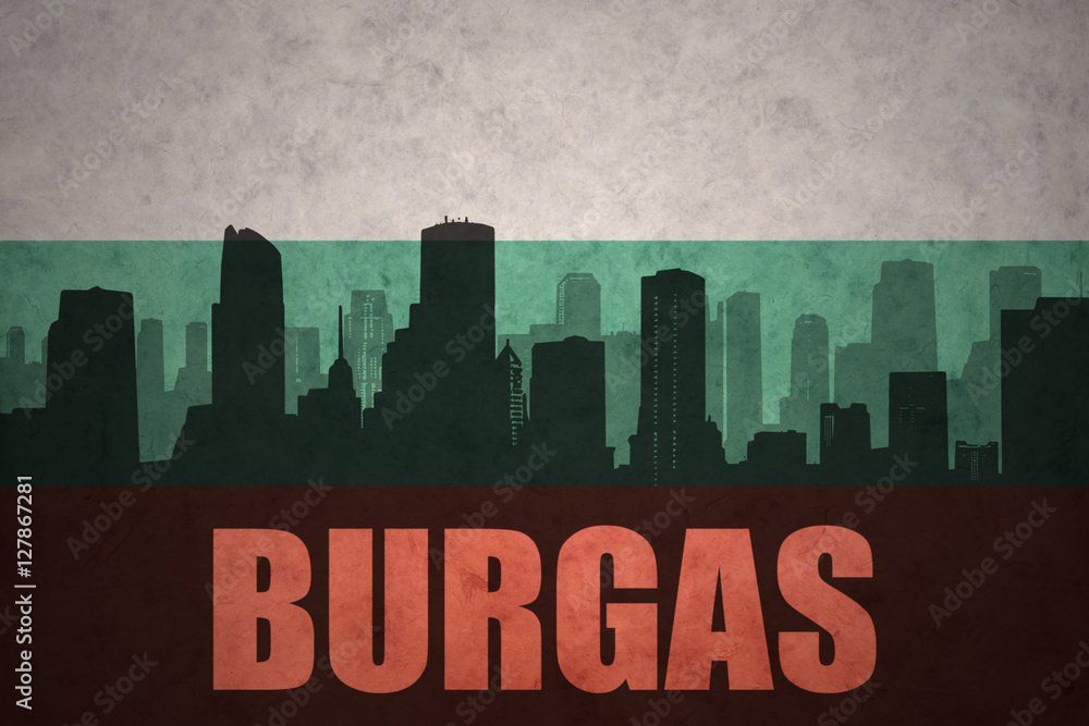 abstract silhouette of the city with text Burgas at the vintage bulgarian flag