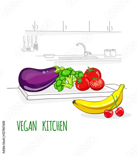 Vegan kitchen, healthy eating, vegetarian organic food, diet. Cooking concept. Vector illustration. Tomato, eggplant, broccoli, banana, cherry on Wood table top, white interior sketch stylized