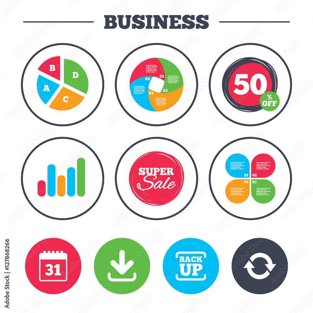 Business pie chart. Growth graph. Download and Backup data icons. Calendar and rotation arrows sign symbols. Super sale and discount buttons. Vector Business pie chart. Growth graph. Download and Backup data icons. Calendar and rotation arrows sign symbols. Super sale and discount buttons. Vector