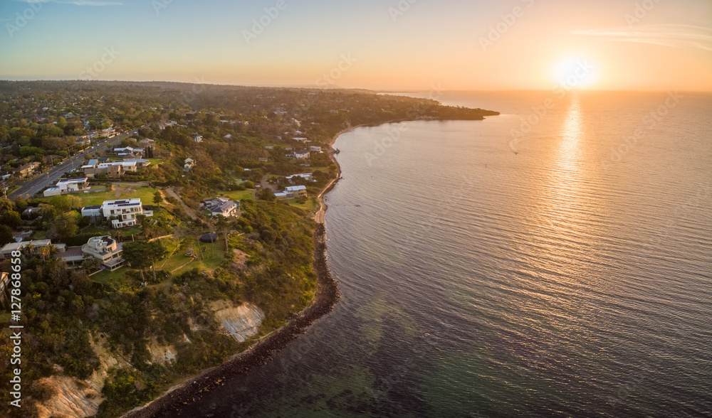 Aerial panorama of Mornington Peninsula coastline near Olivers Hill at beautiful sunset. Melbourne, Victoria, Australia Aerial panorama of Mornington Peninsula coastline near Olivers Hill at beautiful sunset. Melbourne, Victoria, Australia