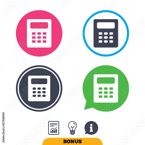 Calculator sign icon. Bookkeeping symbol. Report document, information sign and light bulb icons. Vector