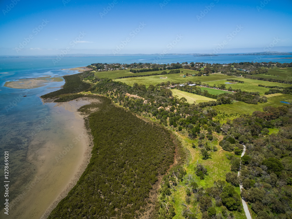 Aerial view of Mangroves and countryside at Rhyll Inlet, Phillip Island, Victoria, Australia