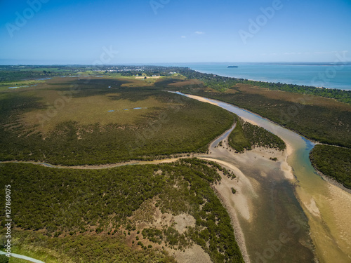 Aerial view of mangroves and countryside coastline at Rhyll. Phillip Island  Victoria  Australia