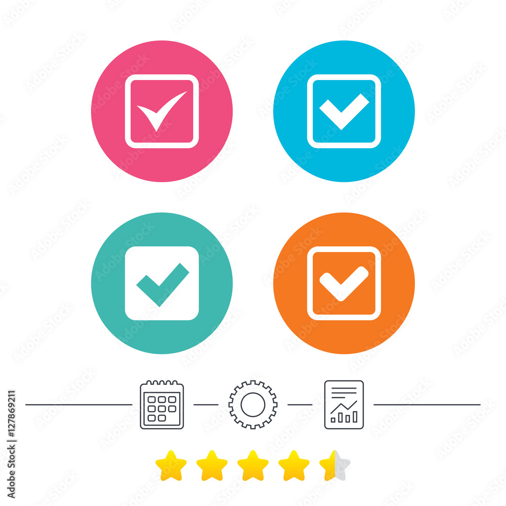 Check icons. Checkbox confirm squares sign symbols. Calendar, cogwheel and report linear icons. Star vote ranking. Vector Check icons. Checkbox confirm squares sign symbols. Calendar, cogwheel and report linear icons. Star vote ranking. Vector