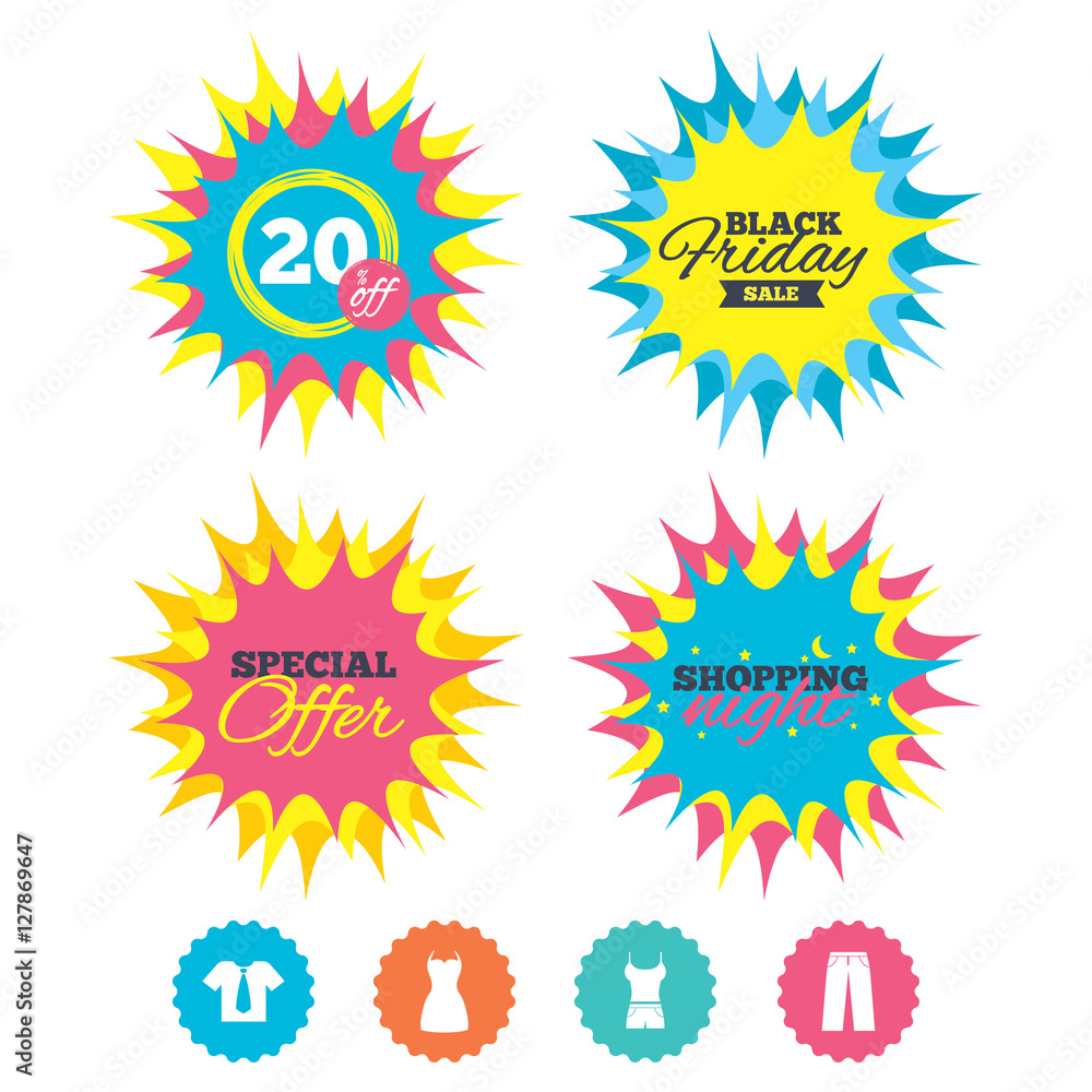Fototapeta premium Shopping night, black friday stickers. Clothes icons. T-shirt with business tie and pants signs. Women dress symbol. Special offer. Vector