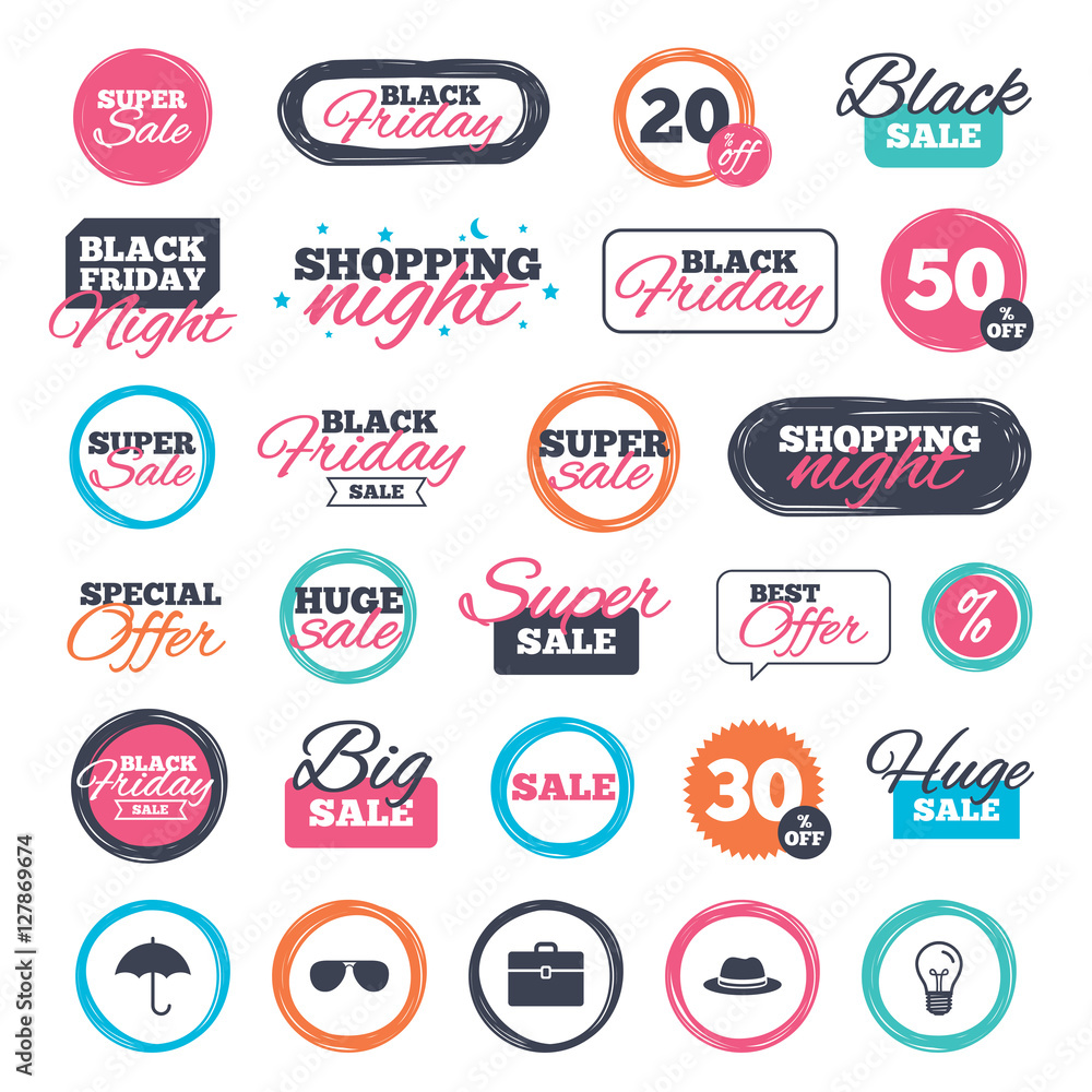 Sale shopping stickers and banners. Clothing accessories icons. Umbrella and sunglasses signs. Headdress hat with business case symbols. Website badges. Black friday. Vector