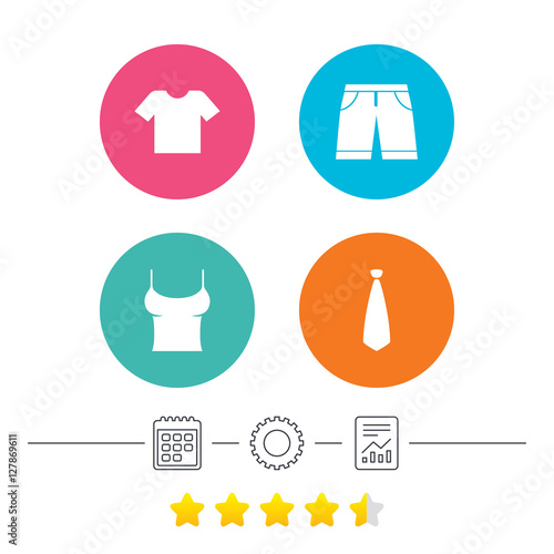 Clothes icons. T-shirt and bermuda shorts signs. Business tie symbol. Calendar, cogwheel and report linear icons. Star vote ranking. Vector