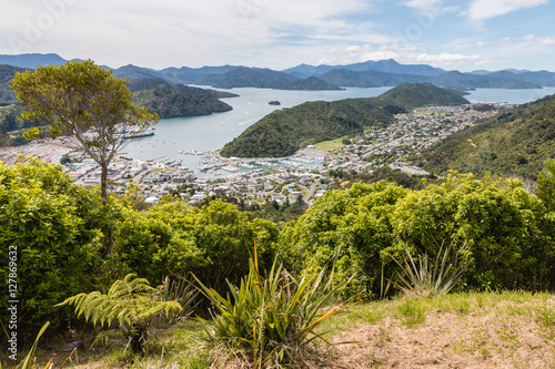 aerial view of Picton town and Marlborough Sounds in New Zealand photo