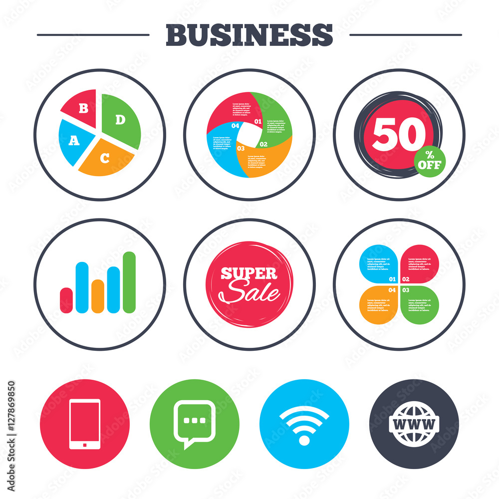 Business pie chart. Growth graph. Communication icons. Smartphone and chat speech bubble symbols. Wifi and internet globe signs. Super sale and discount buttons. Vector Business pie chart. Growth graph. Communication icons. Smartphone and chat speech bubble symbols. Wifi and internet globe signs. Super sale and discount buttons. Vector