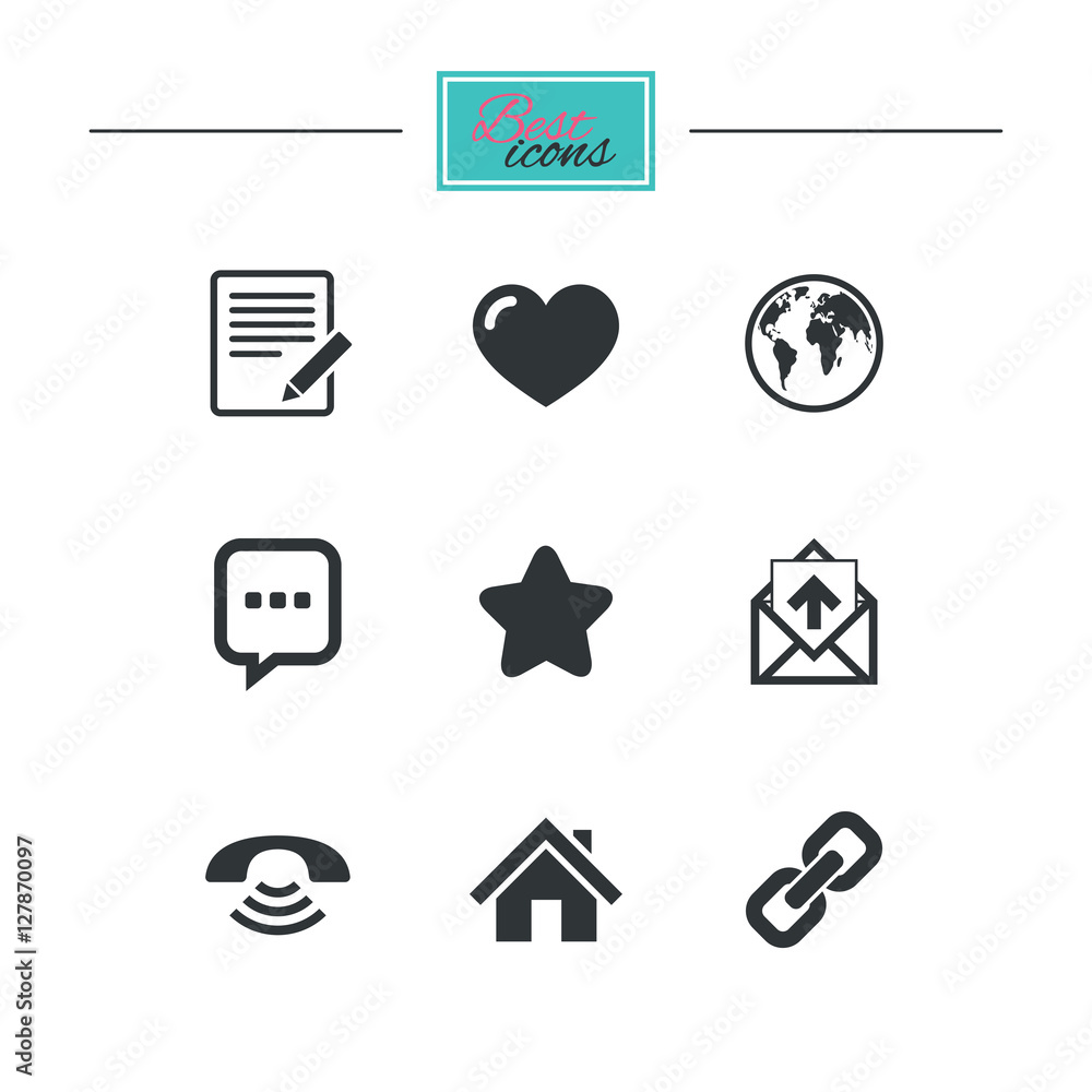 Mail, contact icons. Favorite, like and internet signs. E-mail, chat message and phone call symbols. Black flat icons. Classic design. Vector