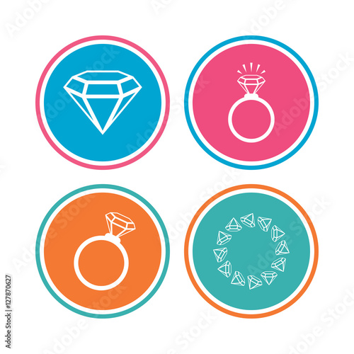 Rings icons. Jewelry with shine diamond signs. Wedding or engagement symbols. Colored circle buttons. Vector