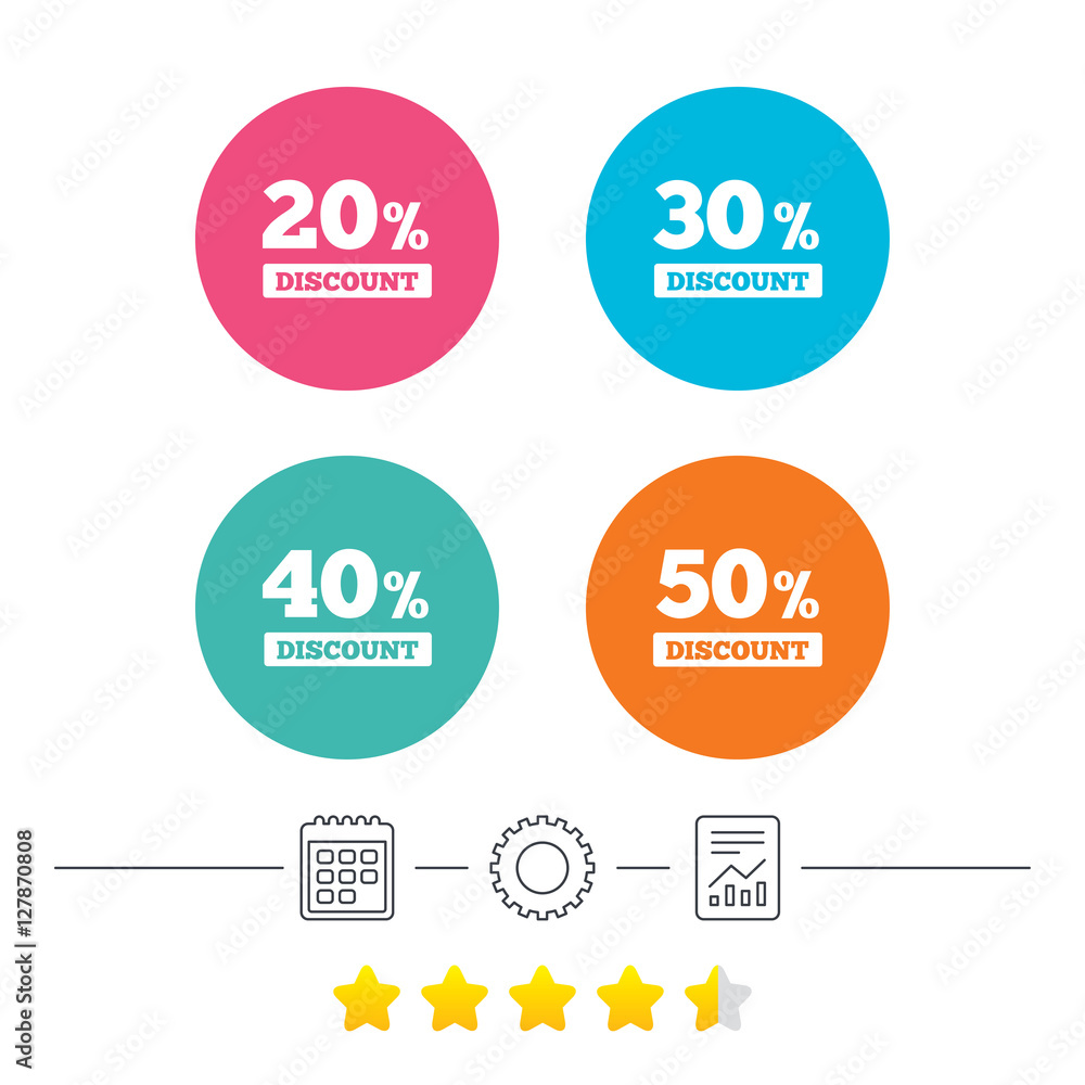 Sale discount icons. Special offer price signs. 20, 30, 40 and 50 percent off reduction symbols. Calendar, cogwheel and report linear icons. Star vote ranking. Vector Sale discount icons. Special offer price signs. 20, 30, 40 and 50 percent off reduction symbols. Calendar, cogwheel and report linear icons. Star vote ranking. Vector