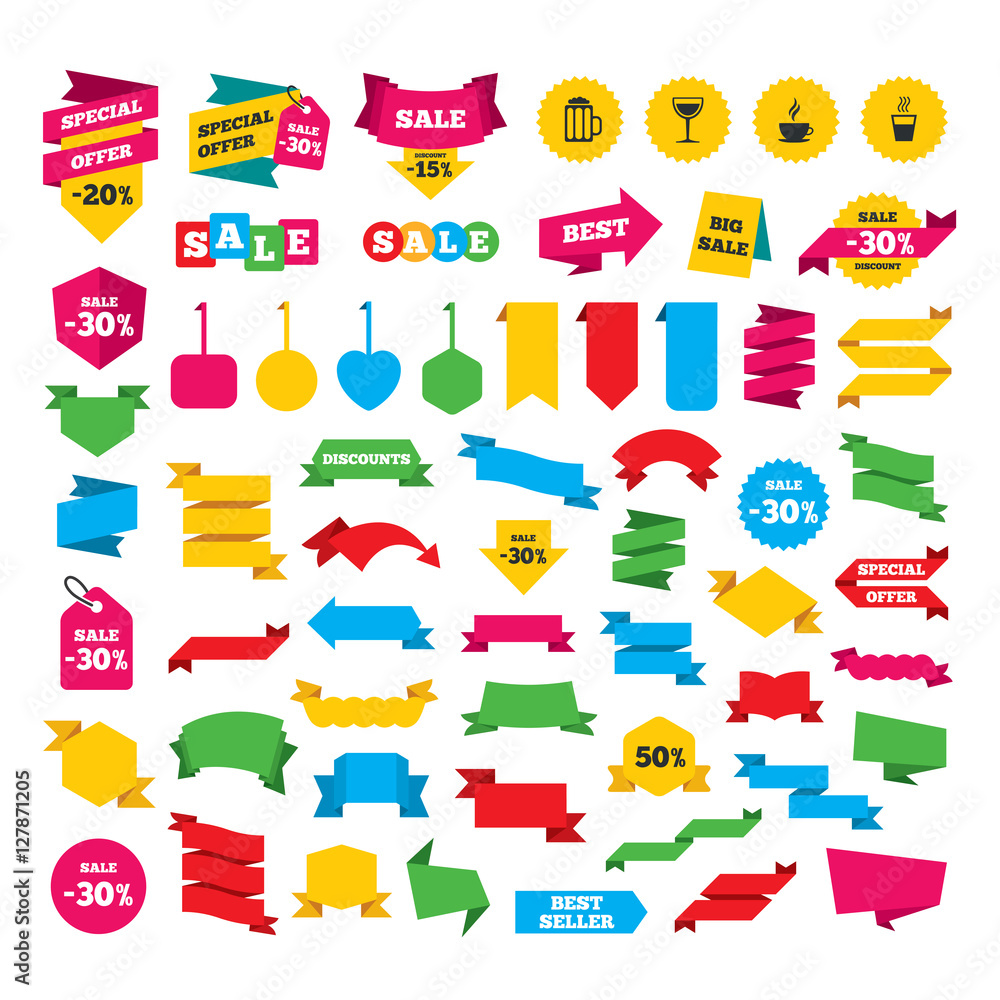 Web stickers, banners and labels. Drinks icons. Coffee cup and glass of beer symbols. Wine glass sign. Special offer tags. Vector Web stickers, banners and labels. Drinks icons. Coffee cup and glass of beer symbols. Wine glass sign. Special offer tags. Vector