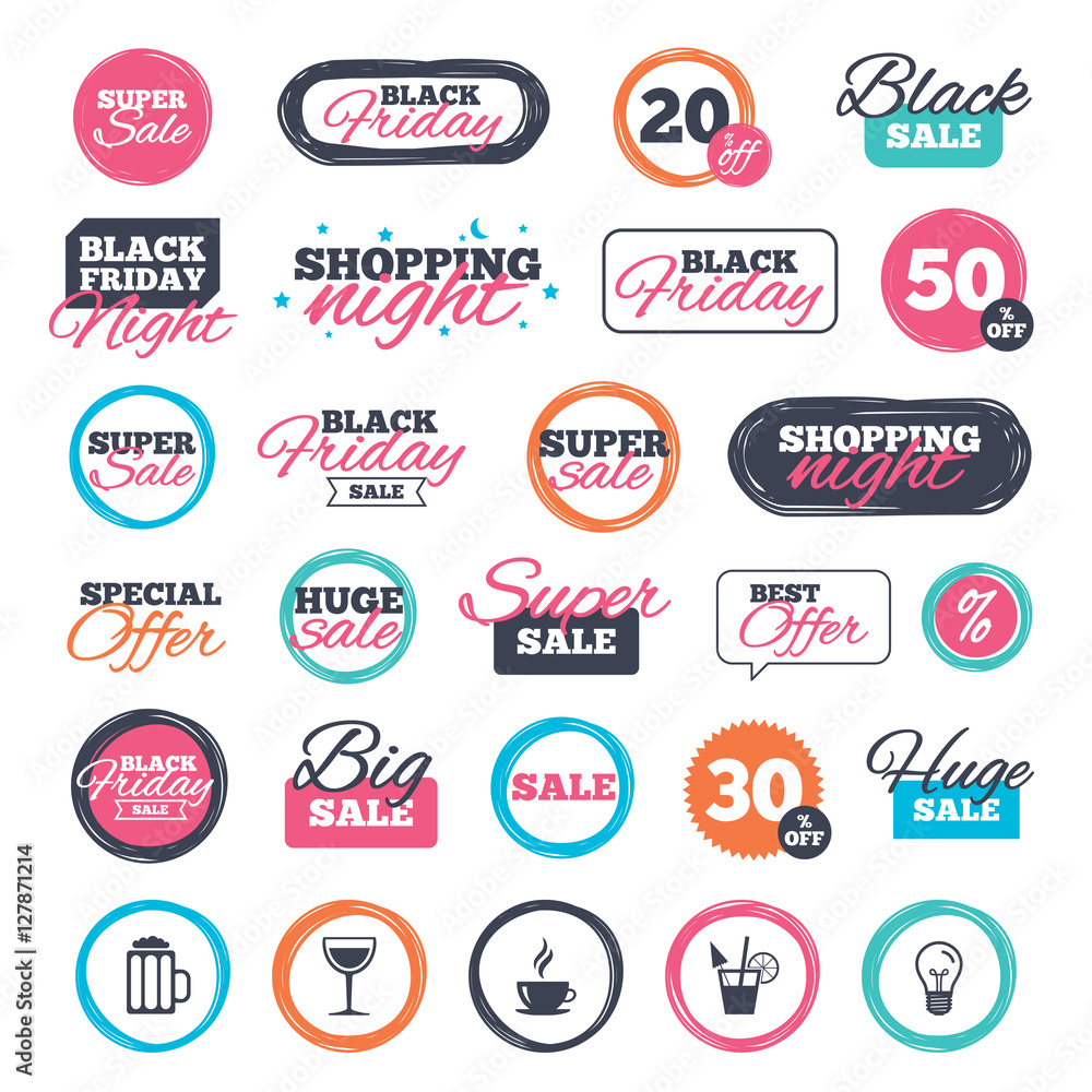 Sale shopping stickers and banners. Drinks icons. Coffee cup and glass of beer symbols. Wine glass and cocktail signs. Website badges. Black friday. Vector Sale shopping stickers and banners. Drinks icons. Coffee cup and glass of beer symbols. Wine glass and cocktail signs. Website badges. Black friday. Vector