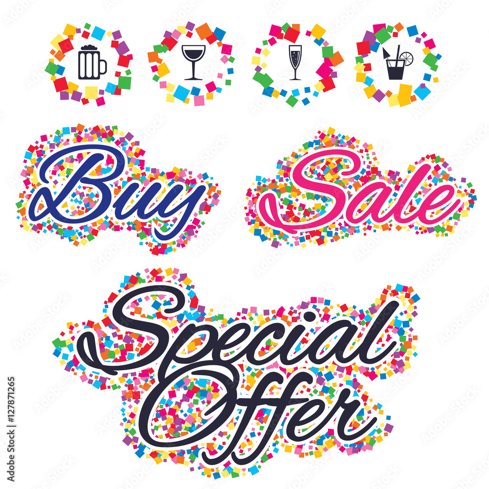 Sale confetti labels and banners. Alcoholic drinks icons. Champagne sparkling wine with bubbles and beer symbols. Wine glass and cocktail signs. Special offer sticker. Vector