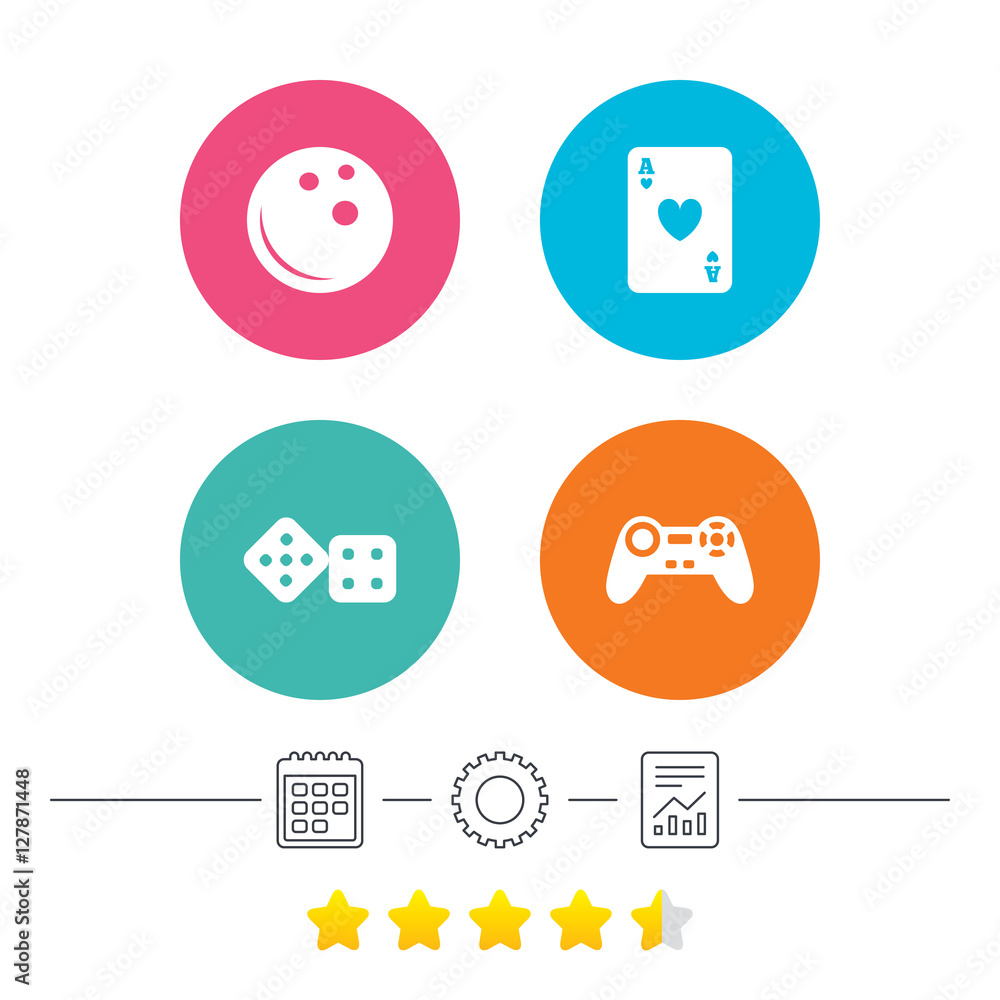 Bowling and Casino icons. Video game joystick and playing card with dice symbols. Entertainment signs. Calendar, cogwheel and report linear icons. Star vote ranking. Vector Bowling and Casino icons. Video game joystick and playing card with dice symbols. Entertainment signs. Calendar, cogwheel and report linear icons. Star vote ranking. Vector
