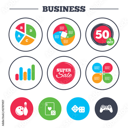 Business pie chart. Growth graph. Bowling and Casino icons. Video game joystick and playing card with dice symbols. Entertainment signs. Super sale and discount buttons. Vector
