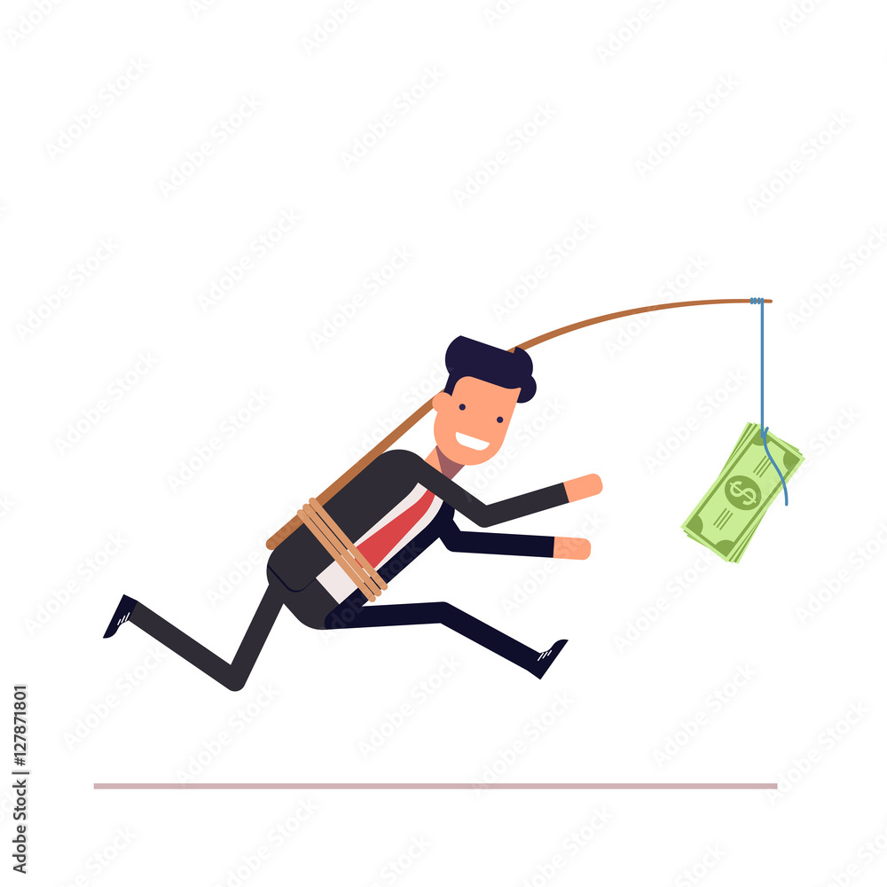 Businessman or manager is running after money. Greedy man in a business suit with attached rod and dollar. Vector, illustration EPS10. Businessman or manager is running after money. Greedy man in a business suit with attached rod and dollar. Vector, illustration EPS10.