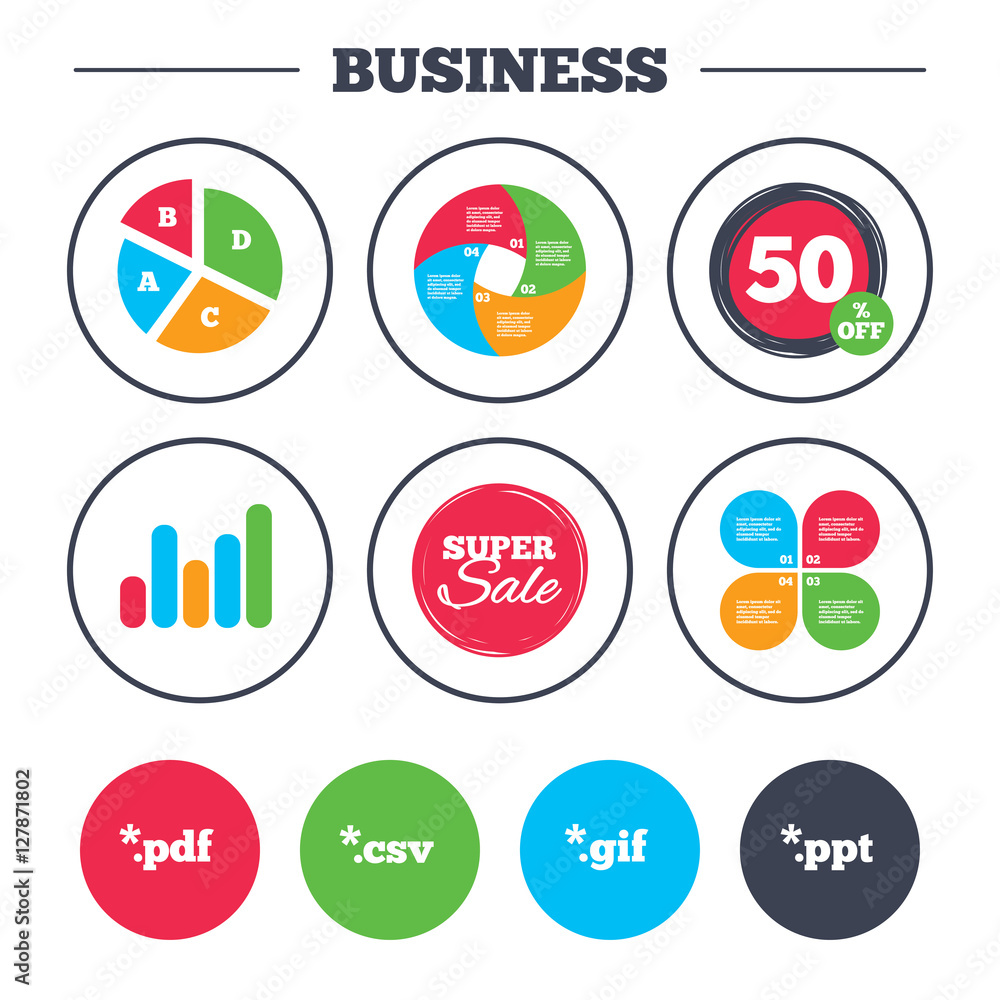 Business pie chart. Growth graph. Document icons. File extensions symbols. PDF, GIF, CSV and PPT presentation signs. Super sale and discount buttons. Vector Business pie chart. Growth graph. Document icons. File extensions symbols. PDF, GIF, CSV and PPT presentation signs. Super sale and discount buttons. Vector