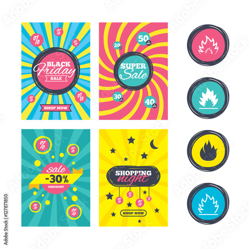 Sale website banner templates. Fire flame icons. Heat symbols. Inflammable signs. Ads promotional material. Vector